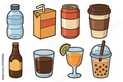 Set of different drink and beverage containers. Vector cartoon illustration icon pack. Water bottle, juice box, soda can, coffee cup, beer, cocktail glass, bubble tea boba.