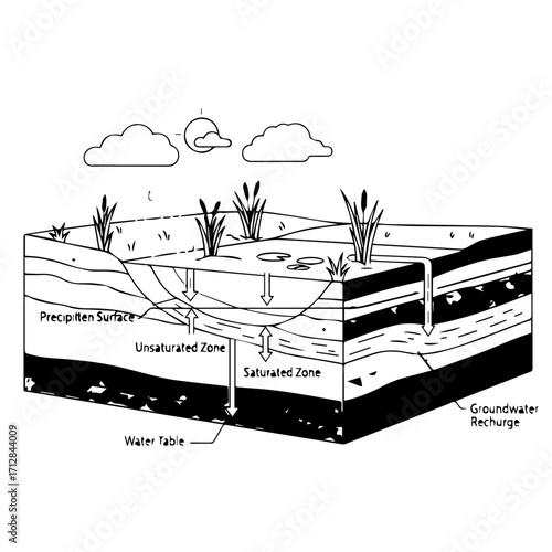 Scientific diagram illustrating groundwater zones the water table and the hydrologic cycle with precipitation and surface recharge.