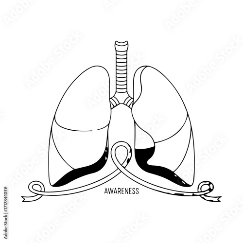 Simple Black and White Line Art Illustration of Human Lungs with Awareness Ribbon.
