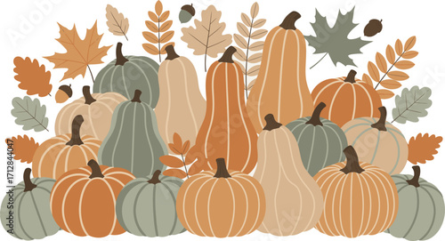 A bountiful harvest of colorful pumpkins and autumn leaves isolated on white background