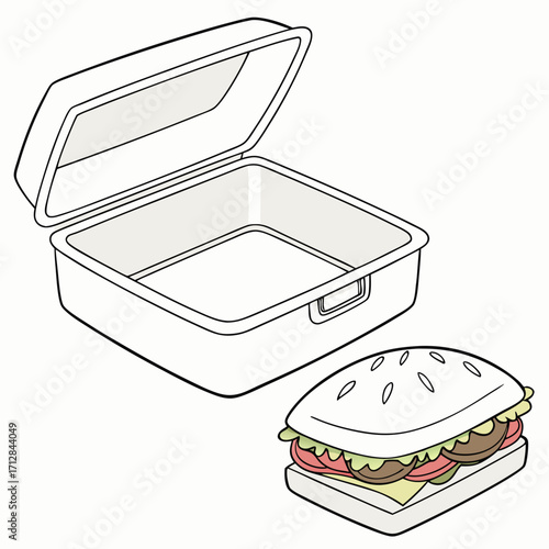 Open empty lunch box and a delicious sandwich with meat cheese and lettuce on white background