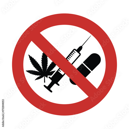 Warning sign with red prohibition circle featuring marijuana leaf, syringe, and pill silhouettes isolated black and white vector illustration