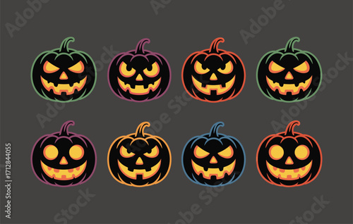 Set of eight Halloween jack-o’-lantern pumpkins with glowing carved faces, colorful spooky designs, scary and funny pumpkin expressions for festive decoration
