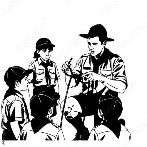 Scout Leader Demonstrating KnotTying Technique to Curious Young Scouts in Uniform.