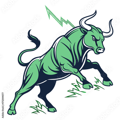 Powerful green bull charging forward with lightning bolts and grass accents on a white background