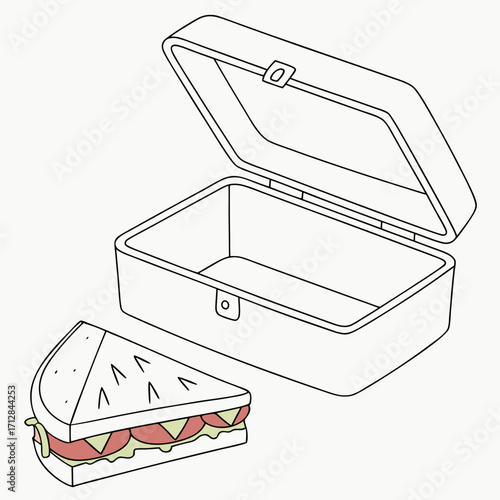 Simple line art illustration of an open lunchbox with a delicious sandwich next to it
