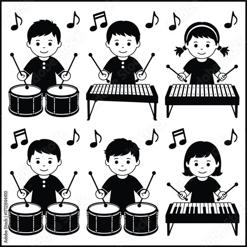 Black and white illustration of children playing musical instruments with musical notes around them