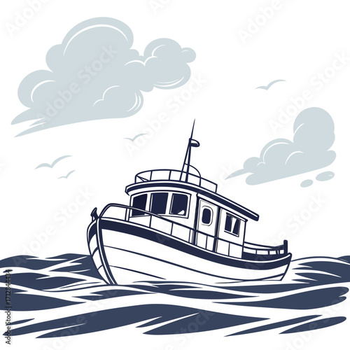 Fotografie Stylized illustration of a fishing boat sailing on choppy blue waves under a clo