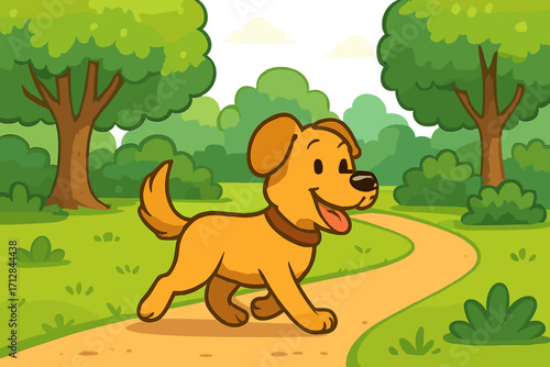 Happy cartoon dog walking on a path in a green park. Vector illustration of a cute puppy on a summer day. Pet animal enjoying nature with trees and sunshine. Cheerful canine character.