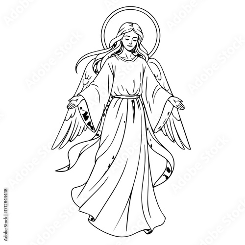 Serene Angel with Outstretched Arms and Halo in Black and White Line Art.