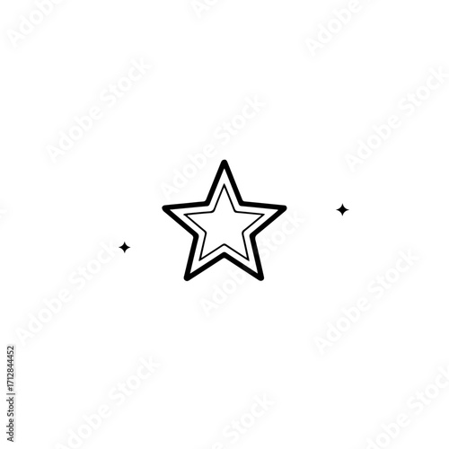 Simple Black and White Outline Star with Inner Star and Sparkles.