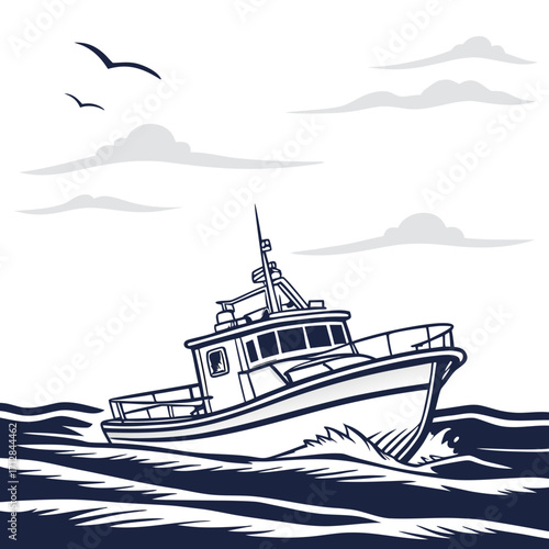 Fototapeta Stylized illustration of a fishing boat sailing through choppy ocean waves under