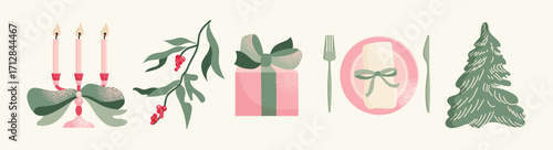 Elegant Festive Christmas and New Year Holiday Elements Vector Illustration Set. Flat vector illustration isolated. Winter holiday and Christmas celebration concept