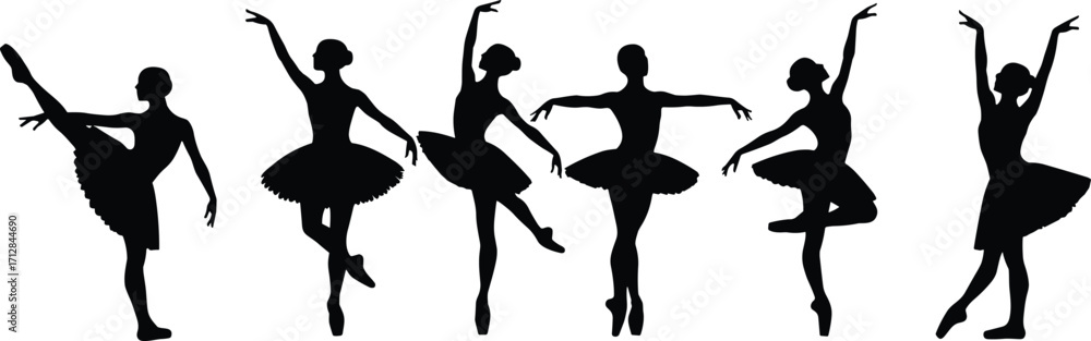 Obraz premium Ballet dancer silhouettes, classical dance poses, elegant ballerina vector, tutu and pointe shoes, graceful movement, performing arts illustration, black silhouette art