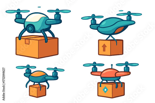 Drone delivery service vector icon set. Quadcopter carrying package box for shipping. Future logistics technology, e-commerce, autonomous air cargo transport cartoon illustration.