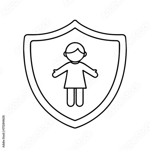 Simple Black and White Shield Icon Protecting a Child Figure.