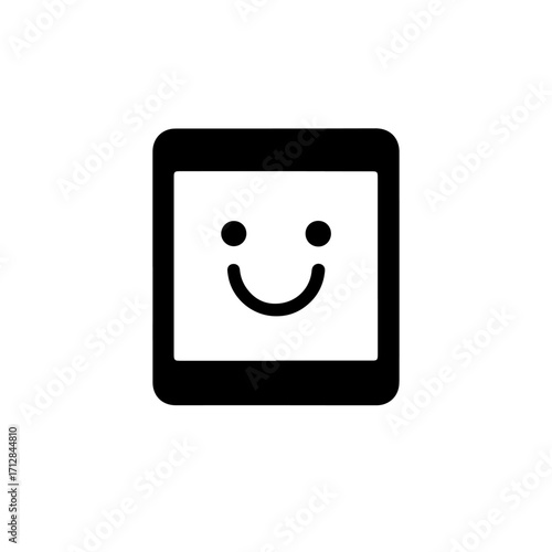 Simple Black and White Tablet Icon with Smiling Face Emoji.