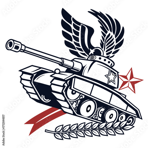 Stylized military tank emblem with wings laurel wreath and red star for patriotic design