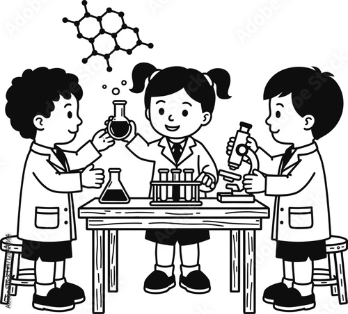 Children conducting a science experiment with beakers test tubes and a microscope in a laboratory setting