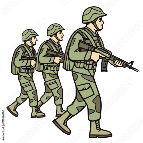 Three soldiers in camouflage uniforms marching forward with rifles and backpacks