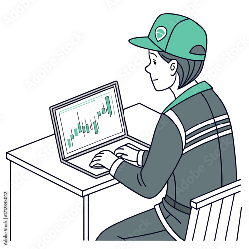 Young person wearing a cap and jacket analyzes stock market trading charts on a laptop computer at a desk