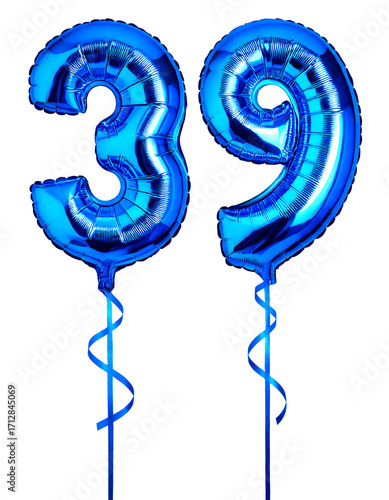 数字の39の形の青色の風船とリボン（Number 39 blue foil balloon on white background）
