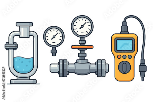 Set of industrial pressure measurement tools. Vector icons of manometer, pipeline valve, and digital pressure meter. Fluid dynamics and gas analysis equipment cartoon style.