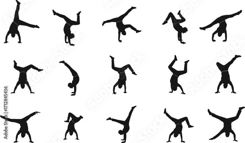 Cartwheel silhouette sequence, gymnastics motion breakdown, athletic movement illustration, dynamic pose vector, human figure action, sports activity design, black silhouette art