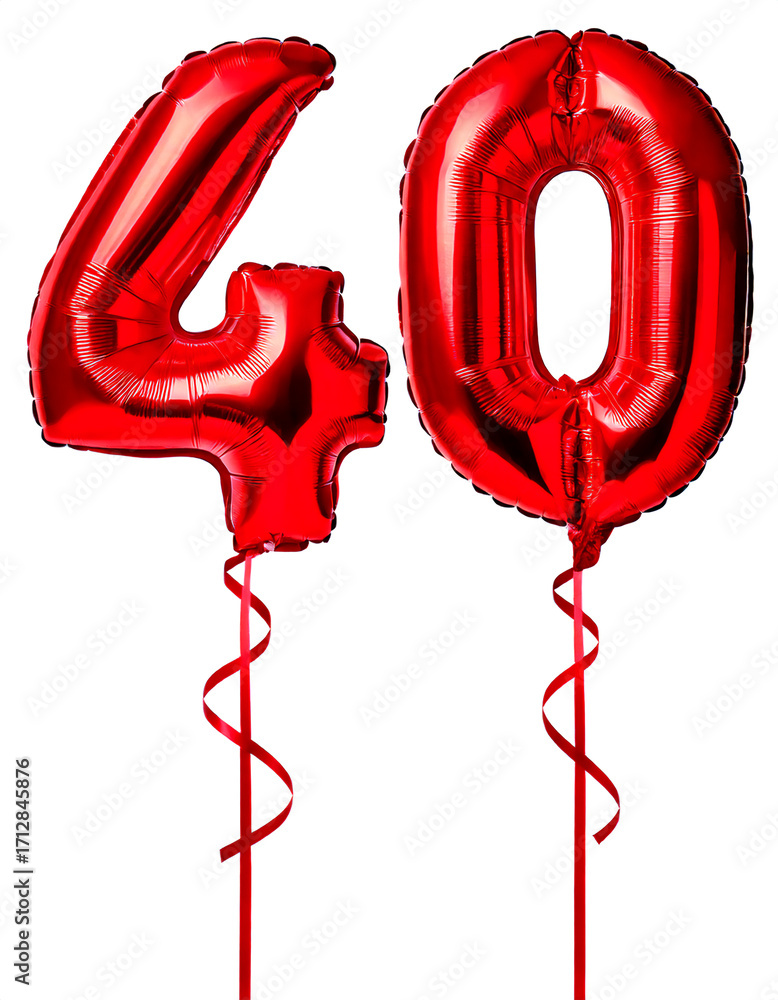 Fototapeta premium 数字の40の形の赤色の風船とリボン（Number 40 red foil balloon on white background） 