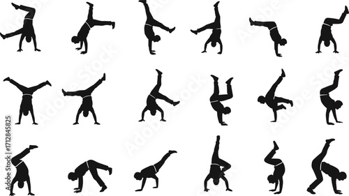 Cartwheel silhouette sequence, gymnastics movement illustration, athletic pose vector, dynamic body motion, sports action figure, physical education concept