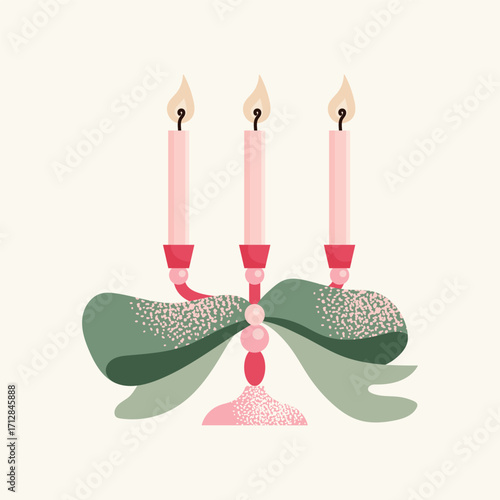Festive triple candle holder with a green bow. Flat vector illustration isolated. Winter holiday and Christmas celebration concept