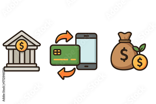 Financial concepts icon set. Vector cartoon illustrations of banking, mobile payment, money transfer, and investment growth. Finance, savings, and transaction symbols.