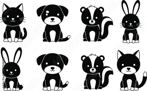 Cute black and white animal set, cartoon cat dog rabbit fox skunk icons, simple pet vector illustration