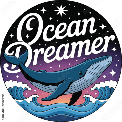 Ocean Dreamer Whale Illustration with Stars and Waves blue whale