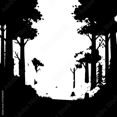 Silhouette Forest Scene with Tall Trees and Bright White Background.