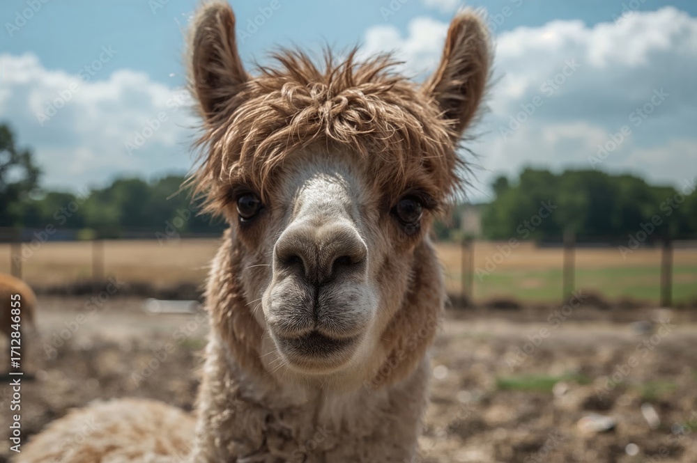 Obraz premium Close-up portrait of a llama with focused detail on its face in an agricultural setting