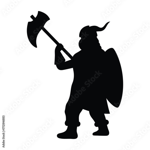 Silhouette of viking warrior with horned helmet holding axe and shield illustration image art