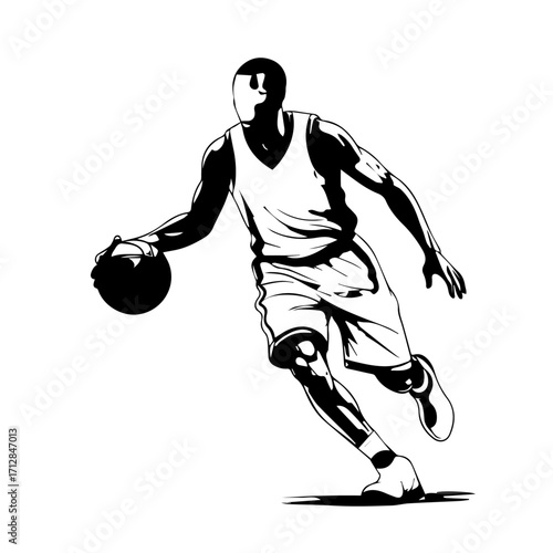 Dynamic Black and White Illustration of a Basketball Player in Action.