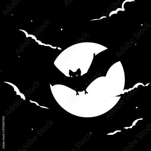 Silhouetted bats flying across a full moon on a dark night sky.