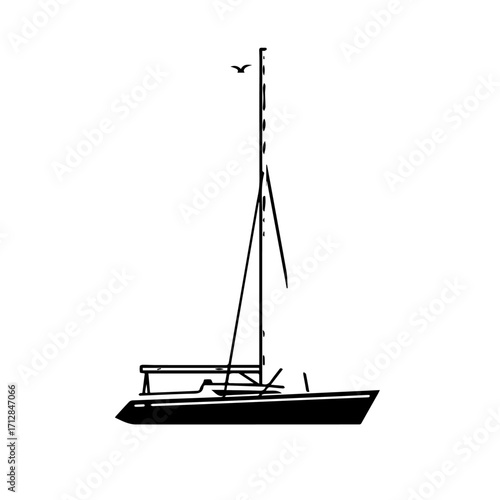 Sailboat with a single mast floating on calm water under clear sky.