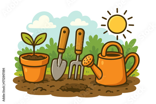 Gardening tools for planting. Springtime vector cartoon illustration. Seedling in a pot, trowel, fork, watering can. Concept of growth and outdoor hobby on a sunny day.