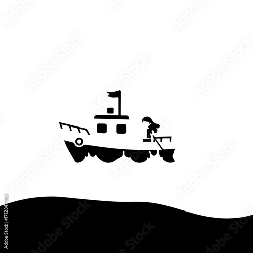 Silhouette of a boat with a person fishing against a simple landscape background.