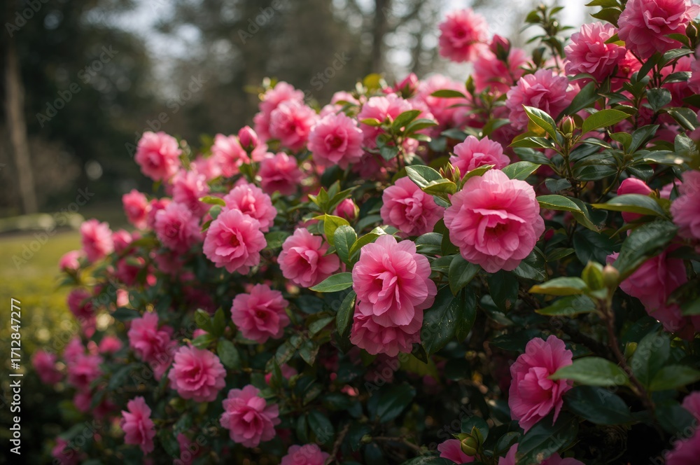 Fototapeta premium Close-up of vibrant pink Camellia japonica blossoms surrounded by lush green foliage.