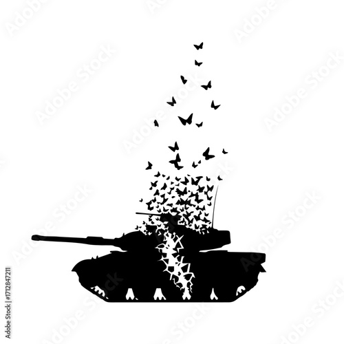 Silhouette of a Black Tank Transforming into a Swarm of Butterflies.