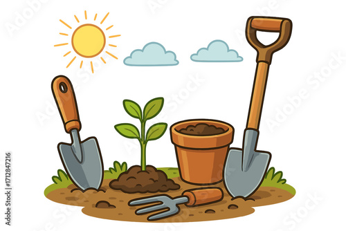 Gardening tools arranged for planting seedlings in sunny spring weather. Vector cartoon illustration of a shovel, trowel, fork and pot. Concept of agriculture, growth and hobby.