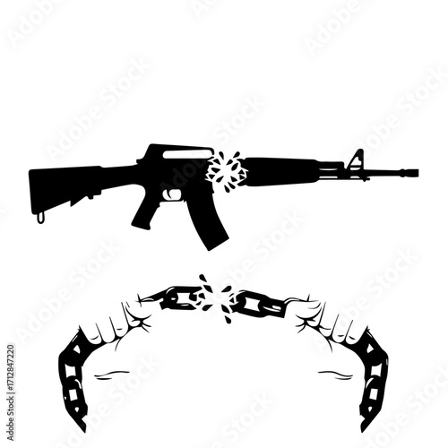 Silhouette of a Broken Assault Rifle and Shattered Chain Symbolizing Freedom.