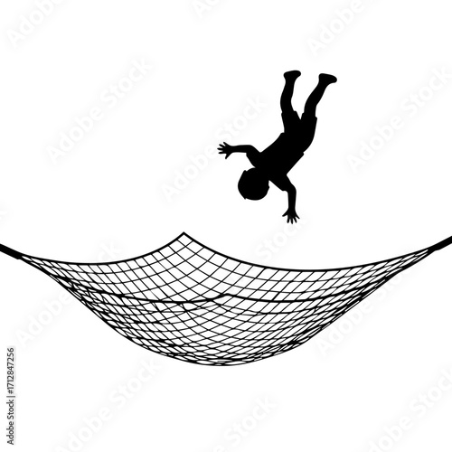Silhouette of a person performing a suspended net stunt in midair.
