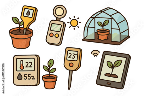 Smart gardening tools for monitoring plant growth. Vector cartoon set with greenhouse, sensors for moisture, light, temperature, humidity. AgriTech and horticulture concept.