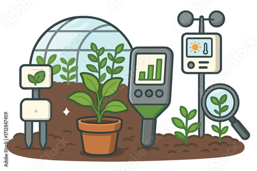 Smart farming tools for monitoring plant growth and environment in a greenhouse. Agritech concept with soil meter, weather station for data analysis and research. Vector cartoon.