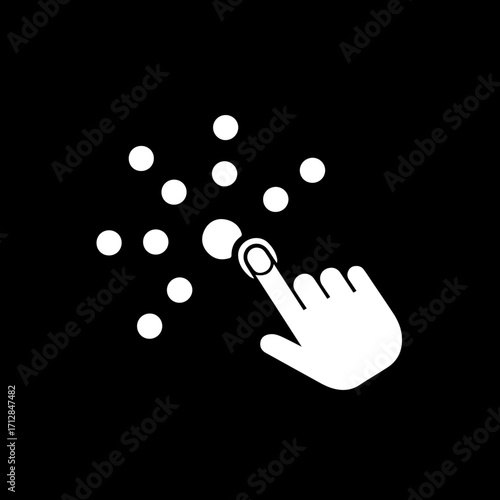 White Hand Pointing and Touching White Dots on Black Background Digital Concept.
